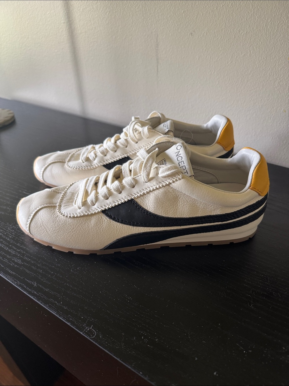 White Leather Sneakers with Black Side Stripe and Yellow Heel - Women's